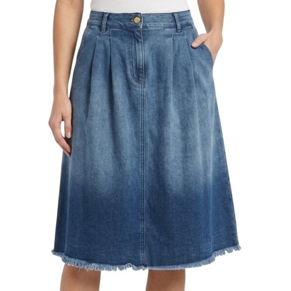 Porridge Denim Midi Skirt Womens Medium Blue Ombre Frayed Hem Excellent